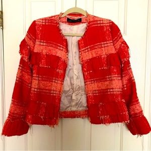 Red Tweed Crop Jacket - checkered pattern